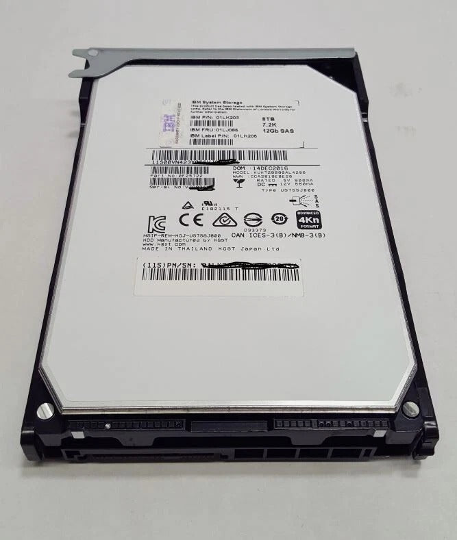 IBM 01LJ065 01LK203 01LK205 8TB 7.2K 12GB SAS 3.5'' HDD w/Tray