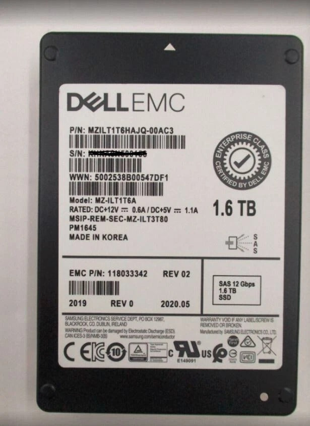 EMC 005053684 - EMC 1.6TB SSD 2.5 SAS 12G UNITY XT 005-053684 w/Tray