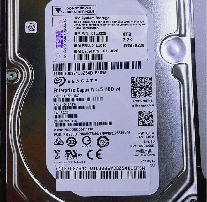 01LJ040 IBM 01LJ226 01LJ228 6TB 7.2K SAS 12G 3.5" V5000 Hard Drive with Tray